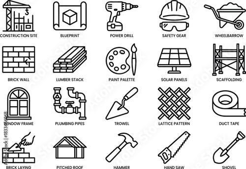 Construction icons, architecture tools, blueprint symbols, safety equipment, building materials, engineering elements, site gear, renovation items, infrastructure graphics, industry visuals