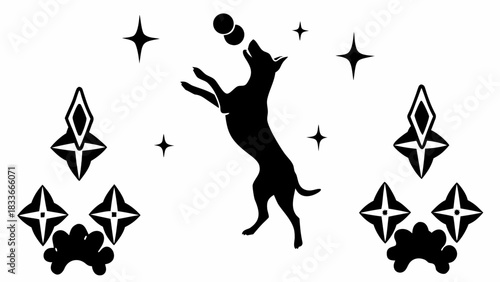 Playful dog silhouette jumps for joy catching balls, sparkling stars and abstract shapes creating a modern, minimalist, dynamic design, perfect for print