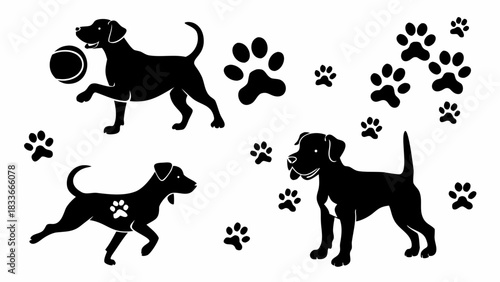 Playful dogs and paw prints create a fun modern design, perfect for pet lovers, branding, or a pet-themed project, conveying joy and companionship