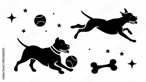 Playful pups leaping and fetching, a joyful design element for pet lovers, perfect for branding, merchandise, and engaging social media content