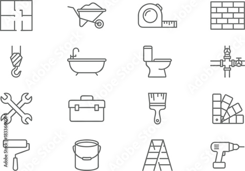 Construction icons, renovation tools, home improvement, plumbing, painting, measuring, floor plan, toolbox, ladder, drill, brick wall, toilet, bathtub, crane hook, color swatches, paint roller