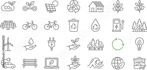 Eco icons, sustainability symbols, green energy, recycling, carbon footprint, renewable resources, climate action, environment care, outline style, clean living