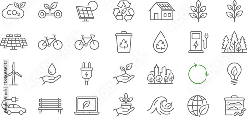 Eco icons, sustainability symbols, green energy, recycling, electric vehicle, solar panel, composting, water conservation, nature, environment, climate action, renewable resources, carbon footprin