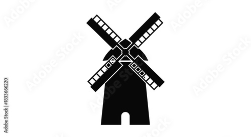 a black and white illustration of a classic windmill design striking and bold silhouette