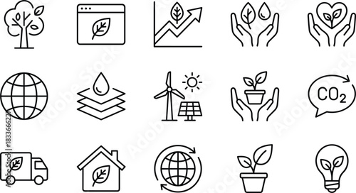 Eco icons, sustainability symbols, green energy, renewable resources, recycling, carbon footprint, environmental awareness, clean technology, nature, climate action, water conser