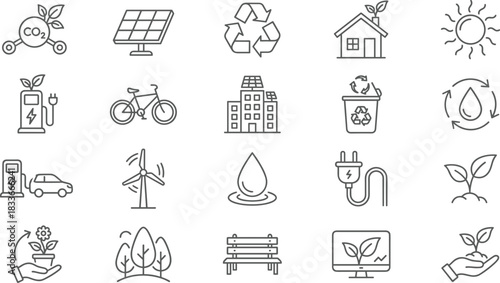 Eco icons, sustainability, green energy, renewable, recycling, water conservation, electric vehicle, solar power, wind turbine, nature, environment, carbon footprint, eco-friendly, clean energy, 