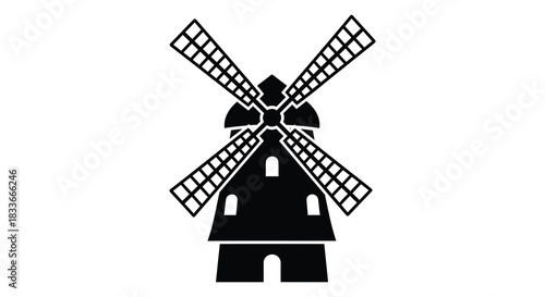 A striking black and white illustration of a traditional windmill design a beautiful silhouette