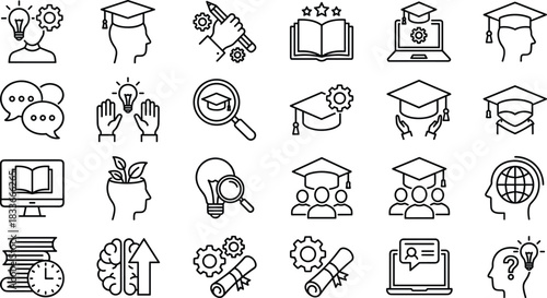 Education icons, learning symbols, academic visuals, graduation elements, online study, research tools, innovation, achievement, communication, knowledge, school graphics