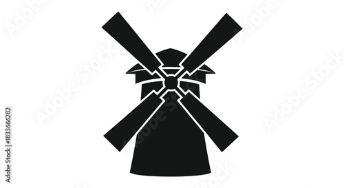 a striking black and white illustration depicts a classic windmill design a bold silhouette