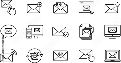 Email icons, envelope symbols, communication, message, sync, notification, verified, browser, mobile, desktop, laptop, speech bubble, starred, click, add, battery, wirel