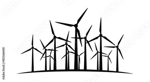 A striking view of multiple wind turbines standing on a gentle hill a stark silhouette