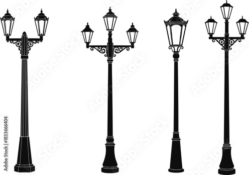 Vintage decorative street lamp silhouette collection with ornate classic lantern designs, urban exterior lighting elements for city architecture and outdoor scene illustration