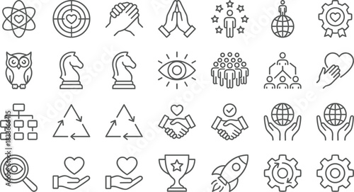 Leadership icons, teamwork, strategy, innovation, values, recognition, global responsibility, planning, collaboration, care, sustainability, achievement, vision, wisdom, process, support, excellence