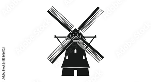 A striking black and white illustration of a classic dutch windmill design silhouette
