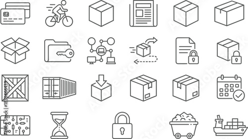 Logistics and shipping outline icon set, delivery, packaging, warehouse, supply chain, ecommerce, cargo, transport, boxes, documents, security, calendar vector collection