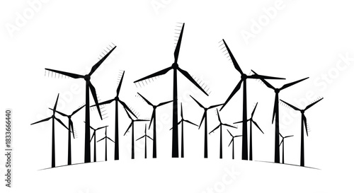 a field of wind turbines against a white background creating a dramatic silhouette