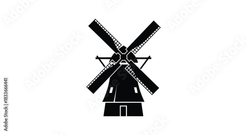 A striking black and white illustration of a classic windmill design a beautiful silhouette