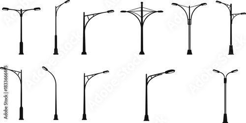Modern urban street lamp silhouette collection featuring various pole designs, vector illustration set for city infrastructure, public lighting, and architectural elements