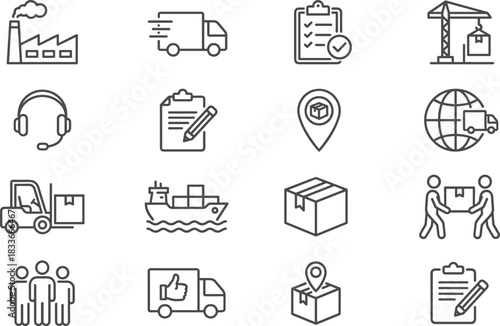 logistics icons,supply chain symbols,delivery truck,warehouse tools,global shipping,customer service,inventory management,freight transport,barcode scanner,teamwork