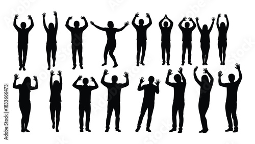 Diverse group of people silhouettes with raised hands isolated on white background, Vector