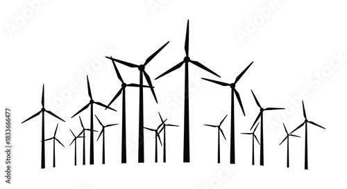 A minimalist depiction of wind turbines against a white backdrop a striking silhouette