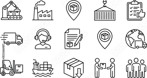 logistics icons,supply chain symbols,warehouse operations,delivery truck,global shipping,customer service,freight transport,automation,inventory management,teamwork