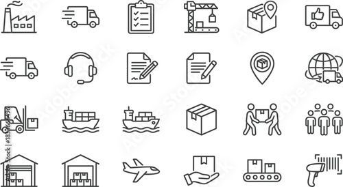 logistics icons,supply chain symbols,warehouse tools,delivery truck,barcode scanner,cargo ship,airplane freight,customer service,inventory management,distribution network