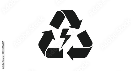 A striking black recycling symbol with three chasing arrows in a bold silhouette
