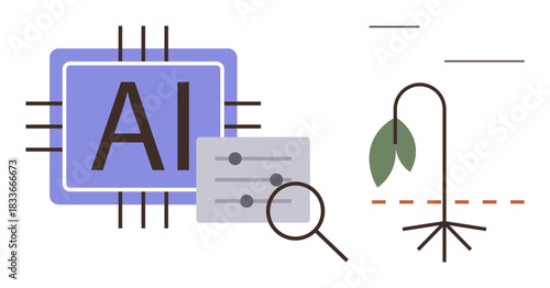 AI processor with magnifying glass analyzing controls, wilted plant. Ideal for technology, sustainability, innovation, environment, problem-solving, science minimalism. Clean simple flat metaphor