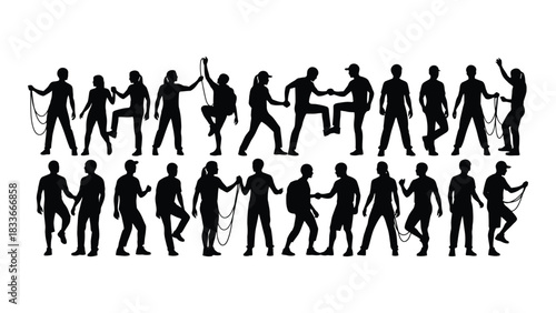 Rock climbing and mountaineering silhouettes isolated on white background, Vector