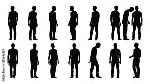 Diverse male silhouettes in various poses isolated on white background, Vector