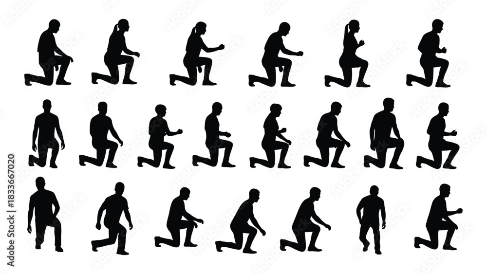 Naklejka premium Lunge and kneeling exercise silhouettes isolated on white background, Vector