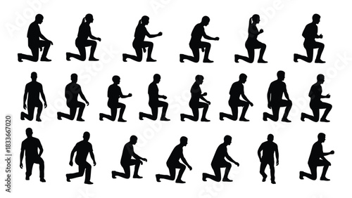 Lunge and kneeling exercise silhouettes isolated on white background, Vector