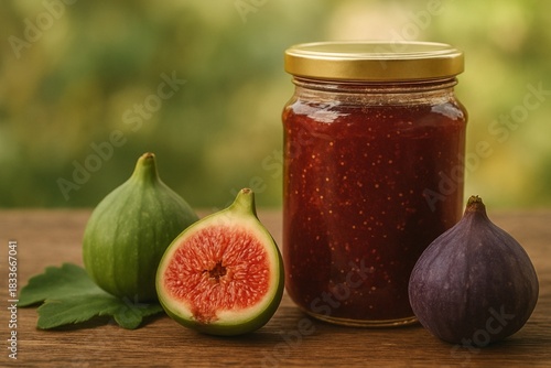 Fresh Figs and Jar of Homemade Fig Jam on Wooden Table with Natural Blurred Garden Background