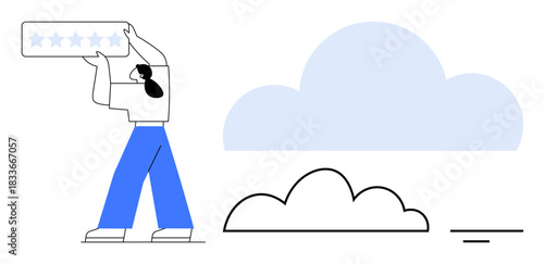 Cloud computing concept. Cloud computing illustrated with a person holding a rating panel highlighting customer experience and cloud integration. Perfect for digital innovation, data services