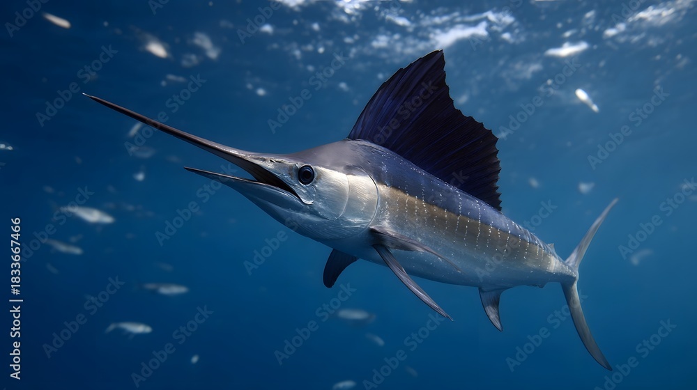 Obraz premium A majestic marlin swims gracefully through the deep blue ocean waters