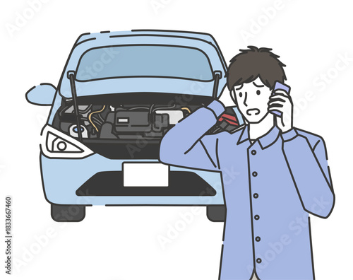 車のトラブルに困り相談する男性