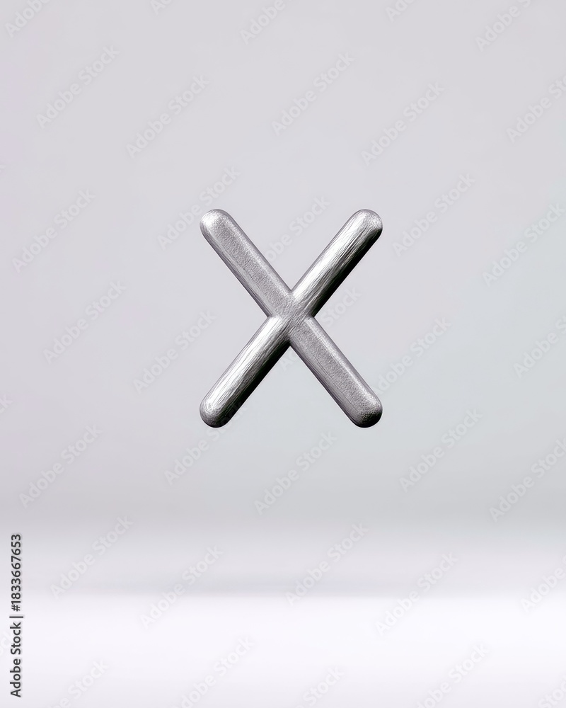 Obraz premium A metallic X symbol is suspended in the air against a clean white background, creating a minimalist and modern composition.