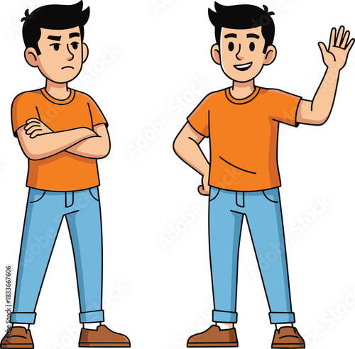 Cartoon young man character showing opposite emotions, displeased with crossed arms and happy welcoming wave full body illustration vector.