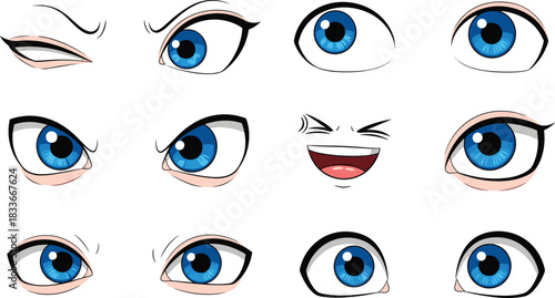 Collection of twelve blue cartoon eyes and one laughing mouth expressing various emotions like anger, happiness, and surprise. Isolated vector set for character illustration