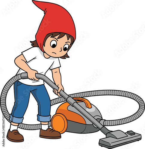 Cute Cartoon Character Vacuuming Floor, Girl Wearing Red Hat Doing House Chores, Cleaning, and Domestic Activity Vector