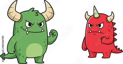 Cute cartoon green and red monster duo mascots with horns, angry expressions, and clenched fists ready to fight illustration vector.