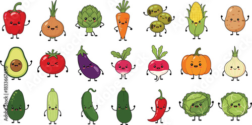 Cute Cartoon Vegetables and Fruits Mascot Set, Vector Funny Kawaii Food Characters: Tomato, Carrot, Corn, Pepper, and Onion Collection