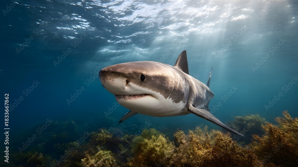 Fototapeta premium Great White Shark Swimming in Sunlit Ocean Waters