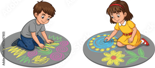 Happy young children boy and girl drawing colorful creative artwork with chalk on a gray floor or sidewalk, fun outdoor summer activity and artistic expression