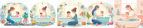 VECTOR MOTHER WASHING WHITE BACKGROUN FLAT DESIGN