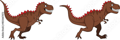 Set of two happy cartoon Tyrannosaurus Rex dinosaurs running or walking with big smiling toothy grins, representing fun prehistoric creature and fossil study