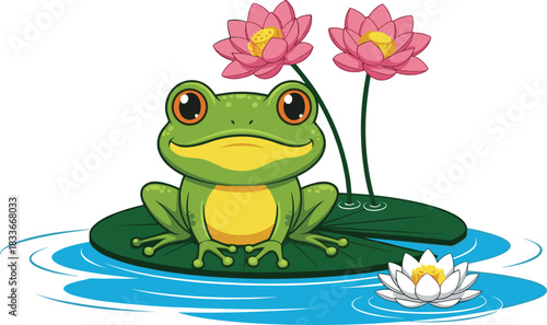 Cartoon frog sitting on lily pad illustration, cute amphibian character with lotus flowers, pond nature scene, cad drawing flat vector illustration