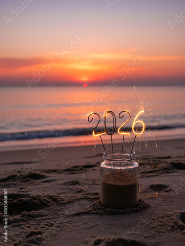New Year's Eve Beach Celebration, Burned down 2026 Sparklers in a Glass by the Sea