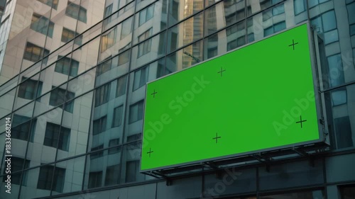 Modern glass skyscraper building exterior with a large green screen billboard featuring tracking markers for advertising and digital content placement in an urban city center